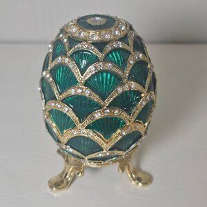 Emerald Green And Gold Pine Cone Faberge Style Enameled Egg With Rhinestone